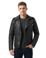 Men’s Black Quilted and Padded Motorcycle Leather Jacket