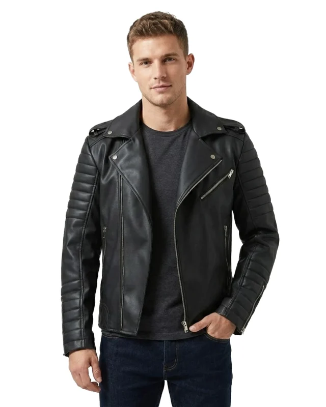 Men’s Black Quilted and Padded Motorcycle Leather Jacket