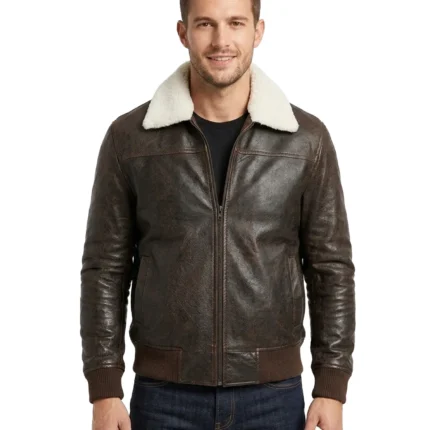 Dark Brown Shearling Collar Bomber Leather Jacket For Mens