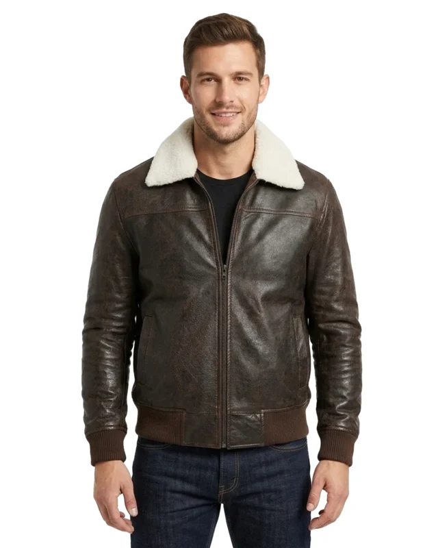 Dark Brown Shearling Collar Bomber Leather Jacket For Mens