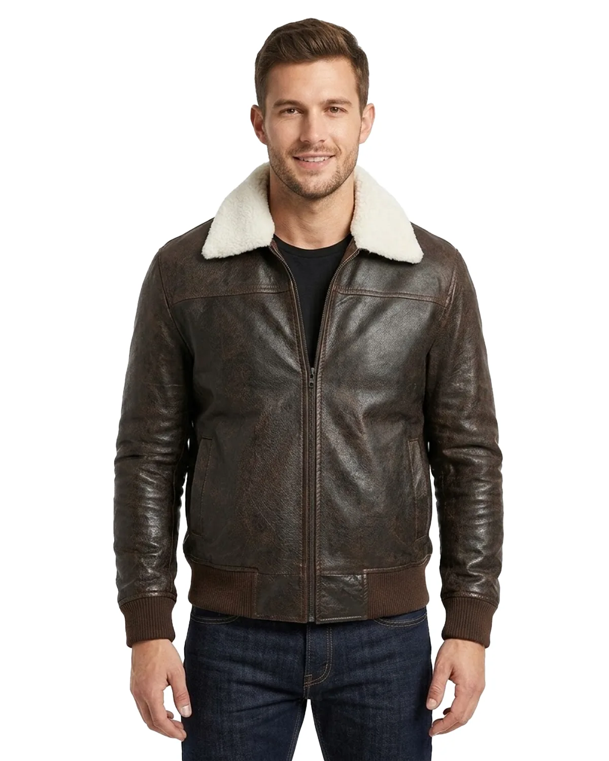 Mens Shearling Collar Brown Bomber Jacket Dark Brown Shearling Collar Bomber Leather Jacket For Mens