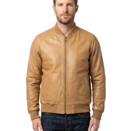 Men’s Casual Tan Brown Leather Bomber Jacket