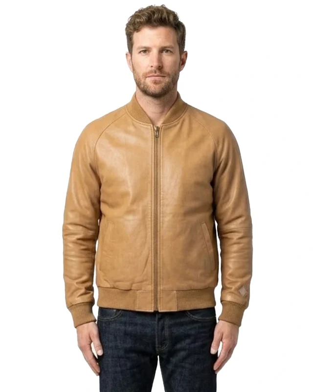 Men’s Casual Tan Brown Leather Bomber Jacket