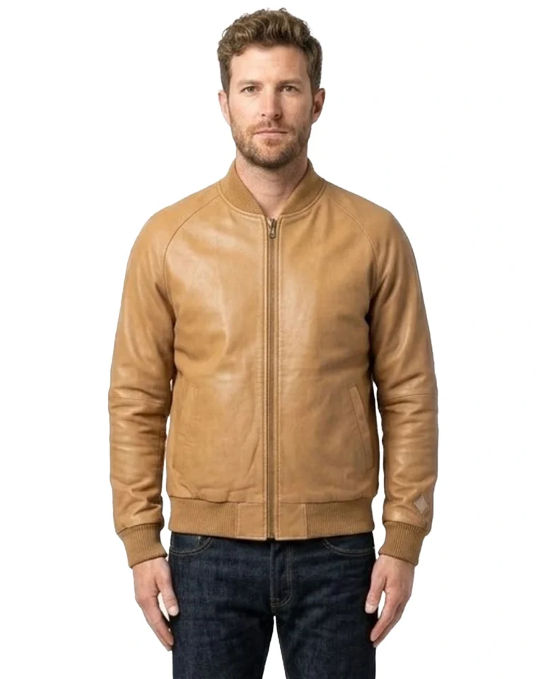 Men’s Casual Tan Brown Leather Bomber Jacket